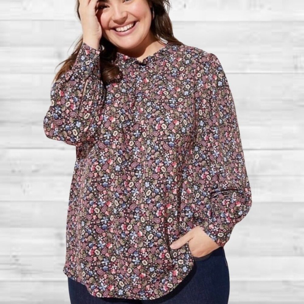 Ann Taylor Loft Floral Print Blouse Size Large, Elegant Long Sleeve Flowy Top